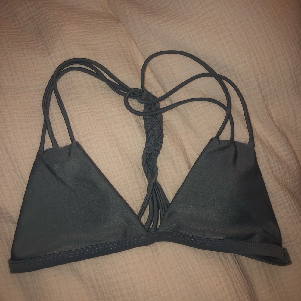 dark grey simple bikini with detailed back.